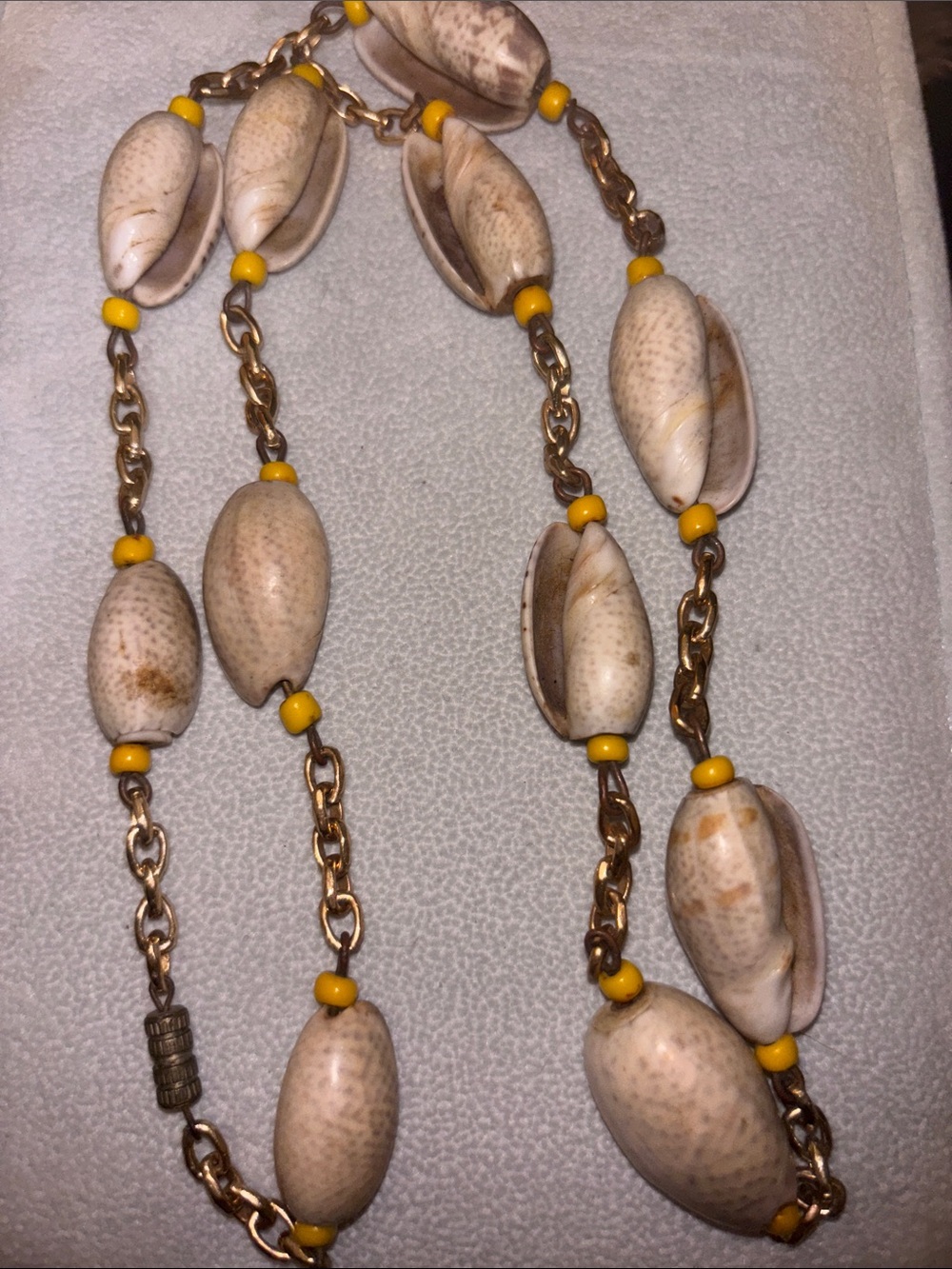 Vintage Handmade Cowrie Shell Necklace with Yellow Beads